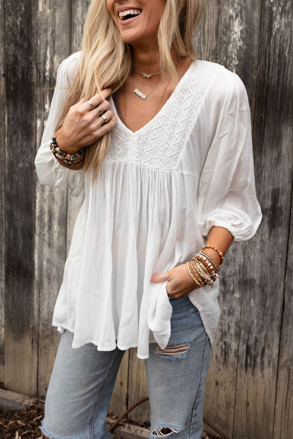 White Lace V-Neck Bracelet Sleeve Ruffle Blouse