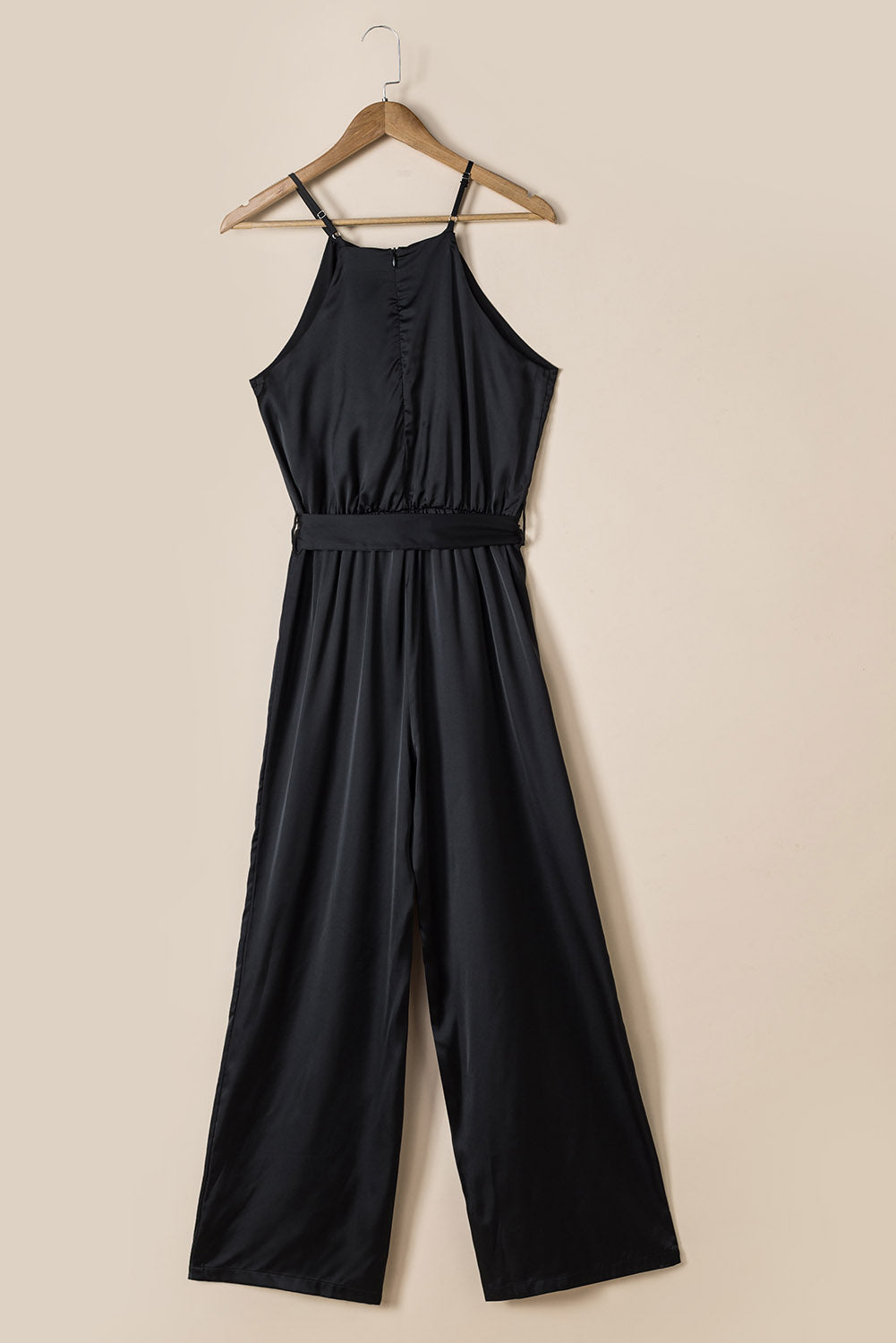 Black Halter Neck Sleeveless Wide Leg Jumpsuit with Belt