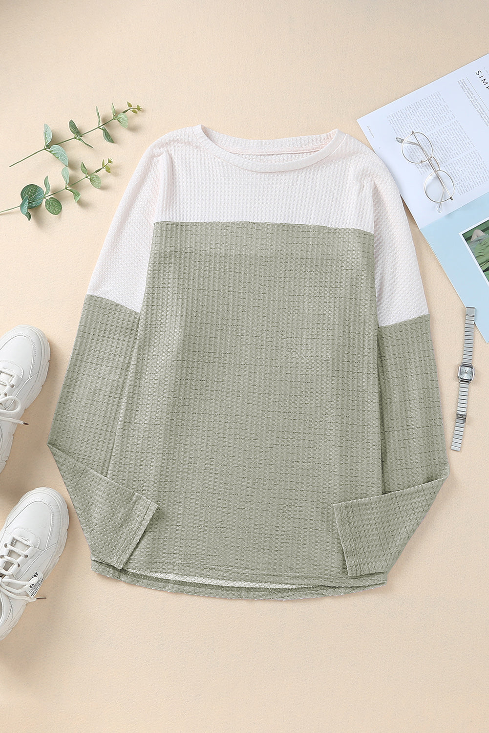 Green Plus Size Colorblock Knit Long Sleeve Top