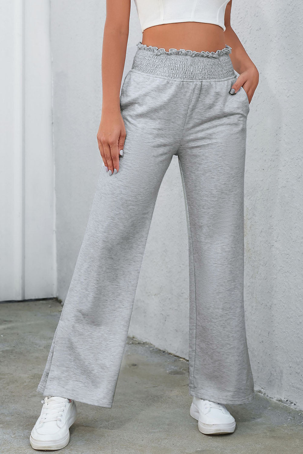 Gray Smocked Waist Pocketed Pants