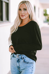 Black Solid Casual Round Neck Raglan Long Sleeve Tee