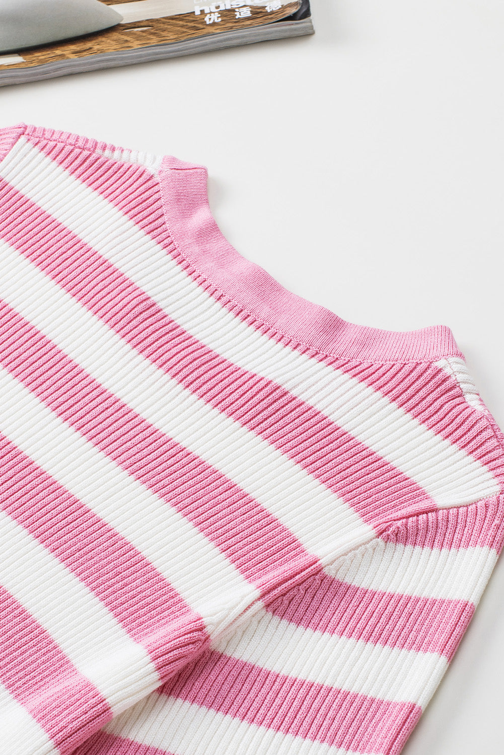 Pink Striped Ruffled Short Sleeve O-neck Knit Sweater Top