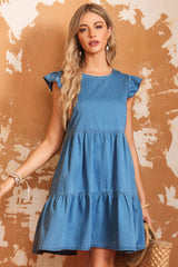 Sky Blue Crew Neck Flutter Tiered A-line Chambray Dress