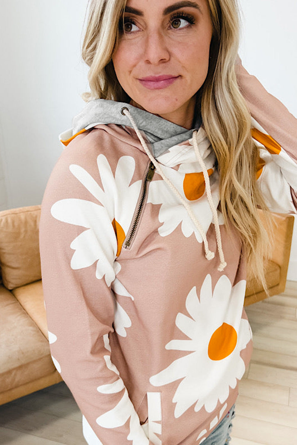 Pink Daisy Print Zipped Doublehood Sweatshirt