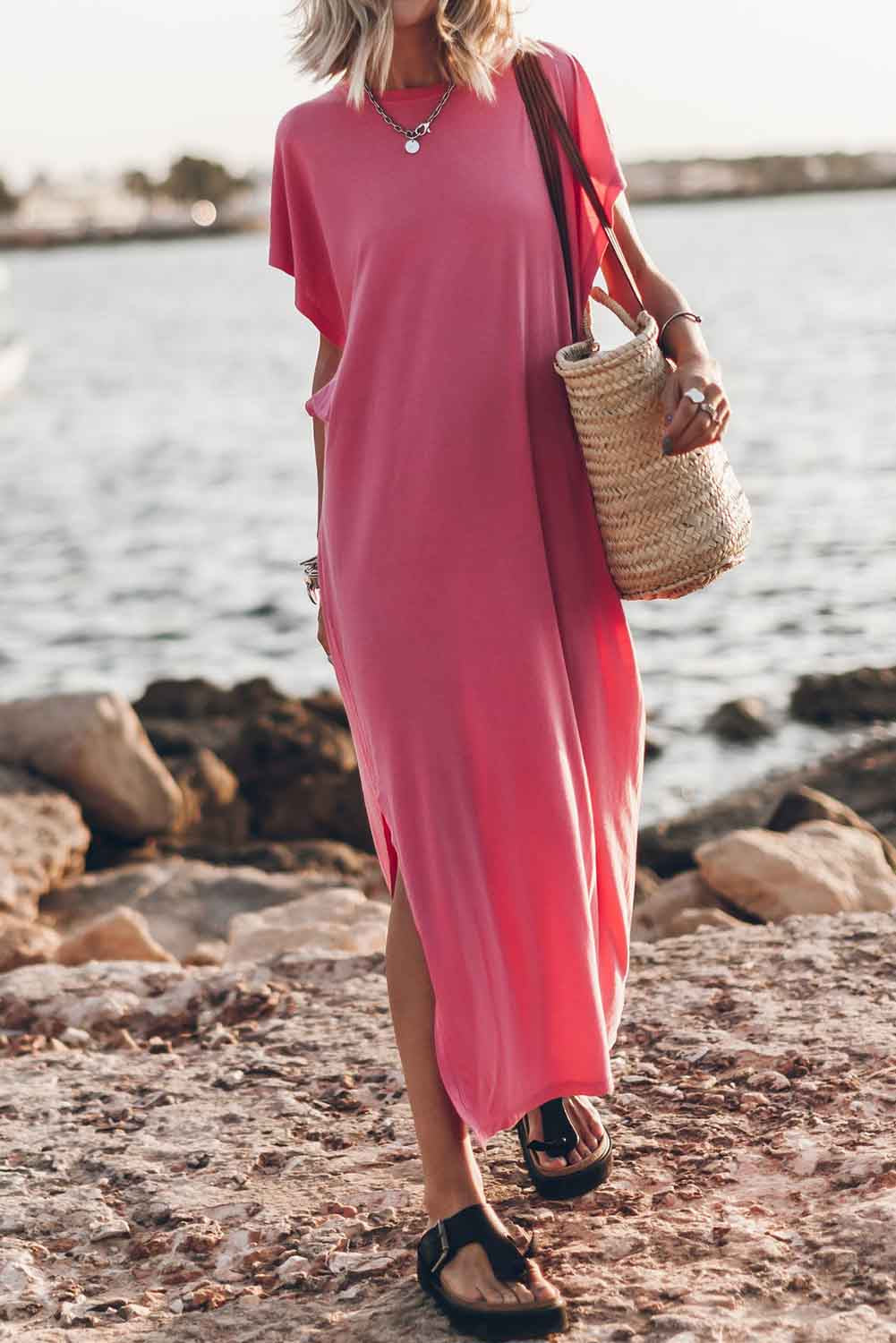 Pink Crew Neck Bat Sleeve Maxi T-shirt Dress