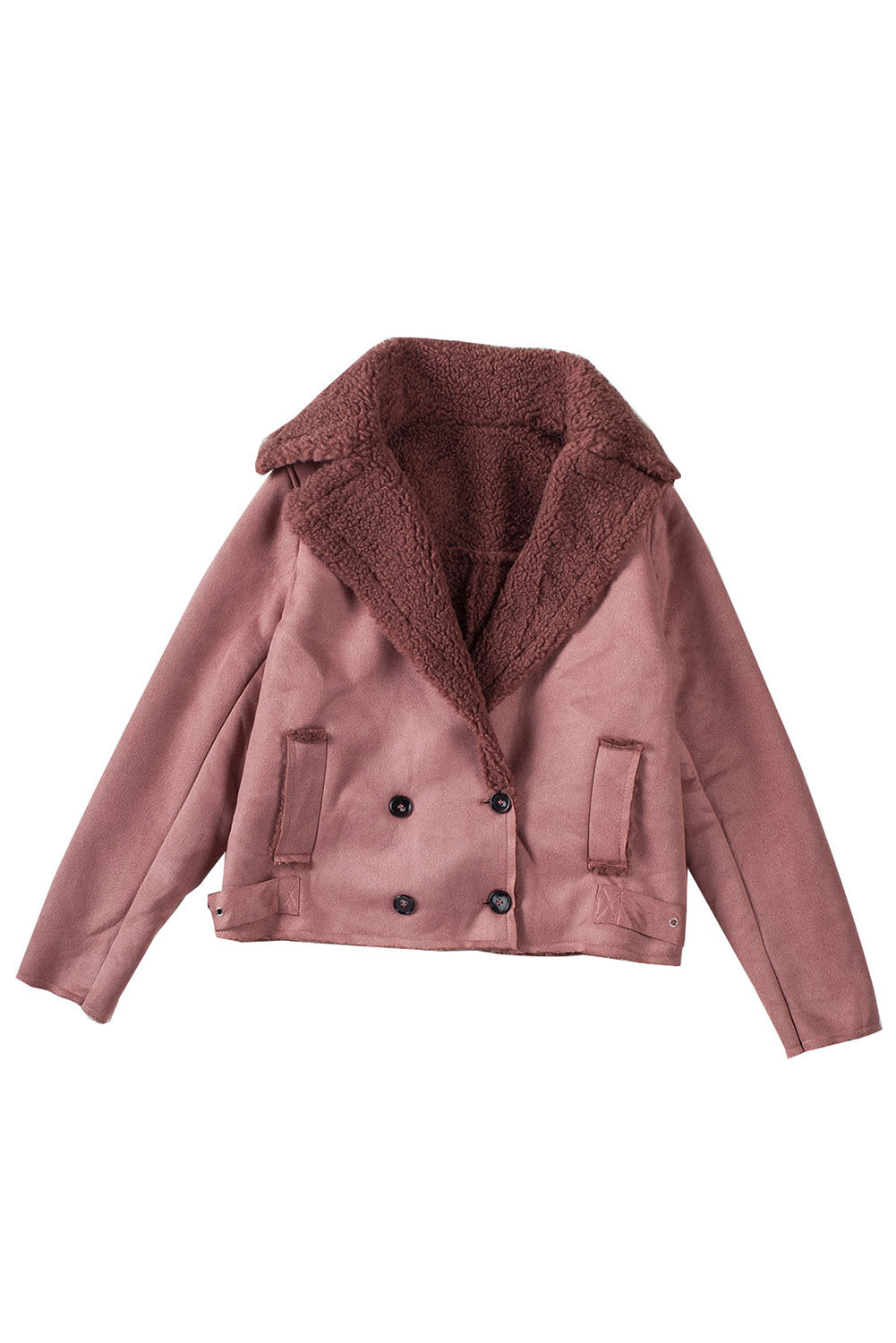 Pink Plush Lining Suede Cropped Double Breasted Coat