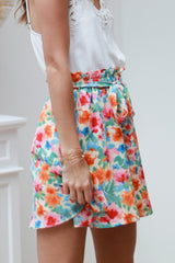 Green Floral Print Waist Tie Mini Skirt