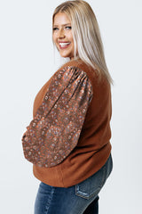 Brown Plus Size Printed Splicing Sleeve Ribbed Trim Sweater