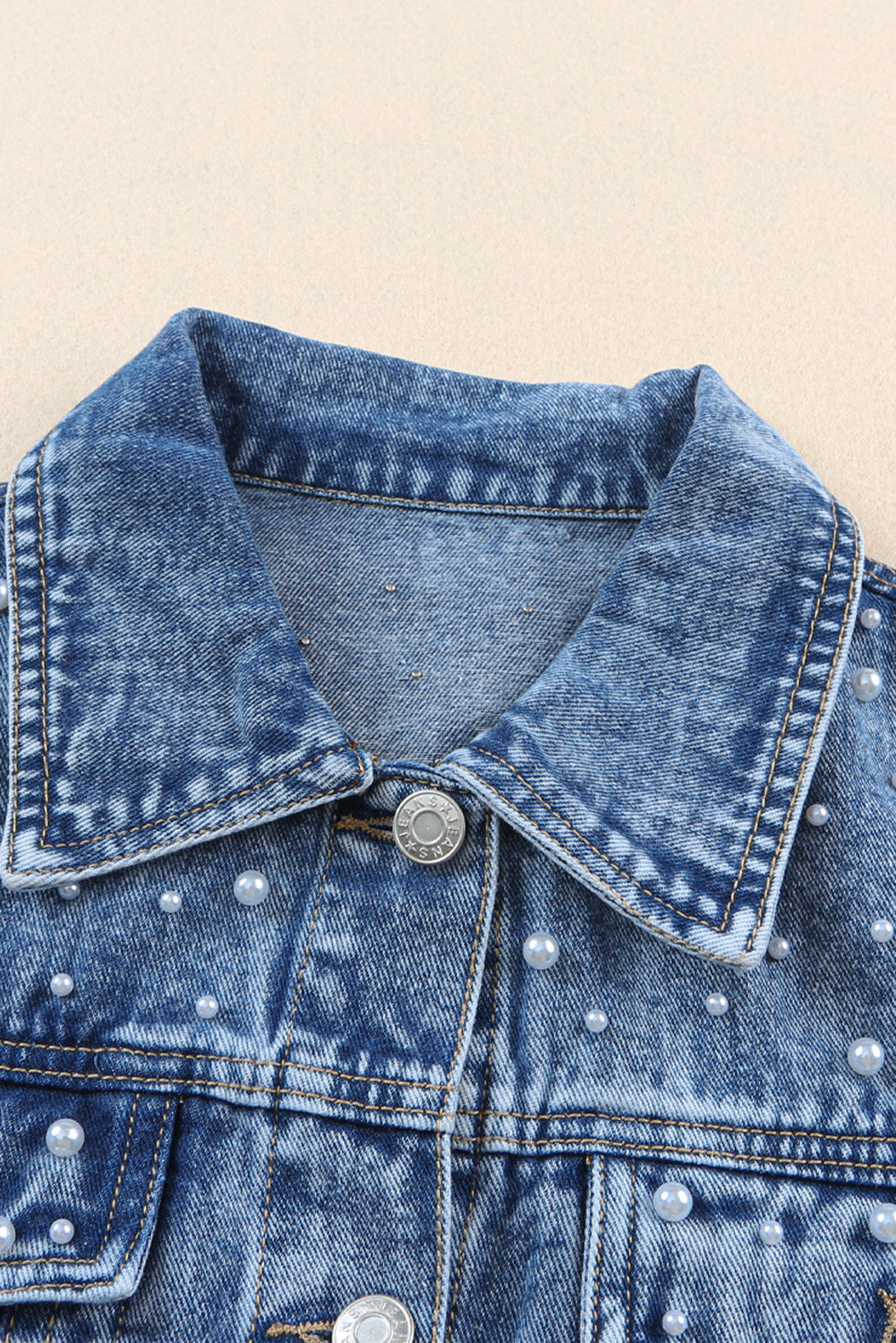 Sky Blue Pearl Turn Down Collar Denim Jacket