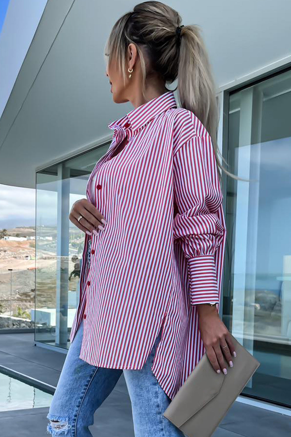 Striped Bishop Sleeve Side Slit Long Tail Shirt