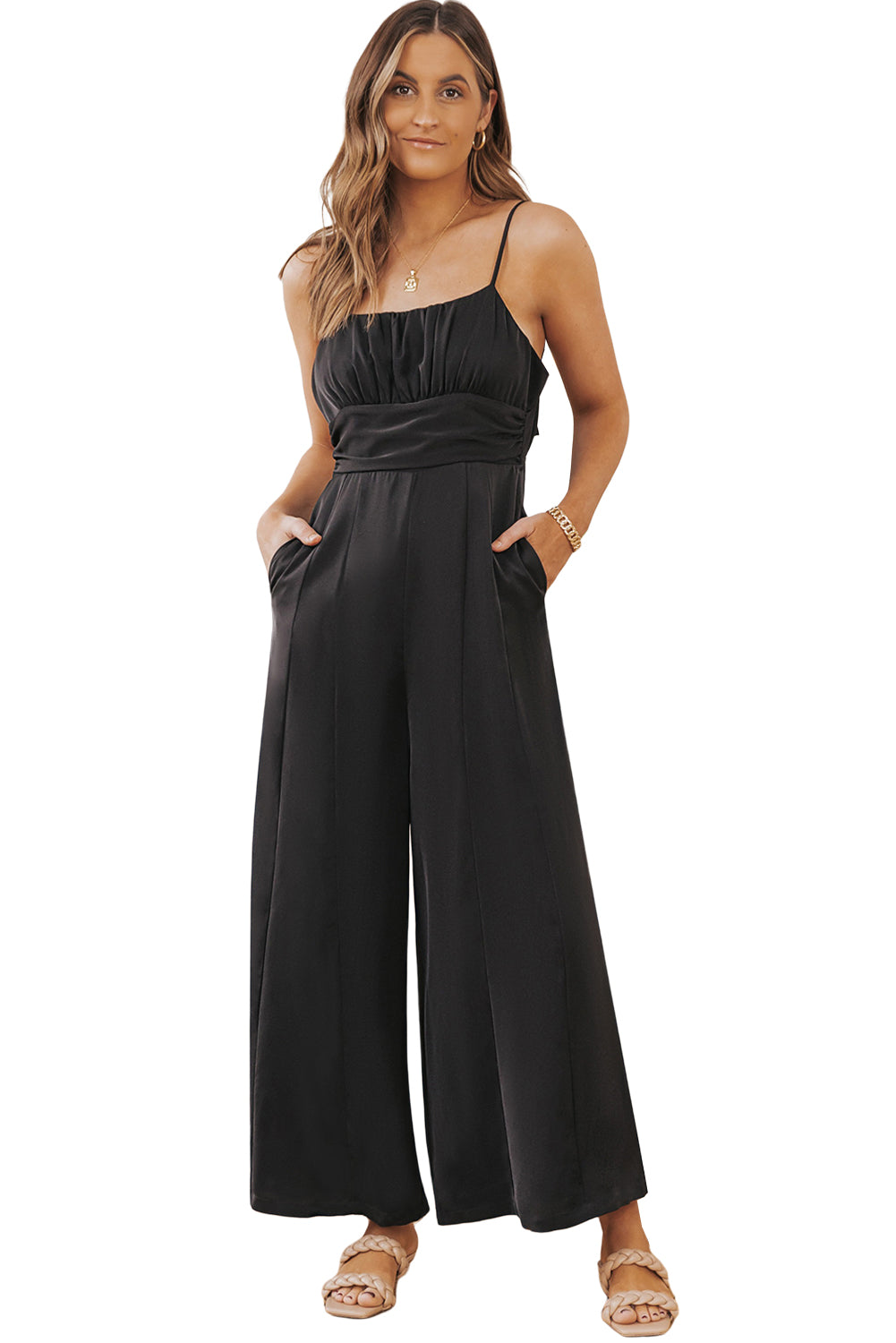 Black Spaghetti Straps Backless Knot Wide-Leg Jumpsuit