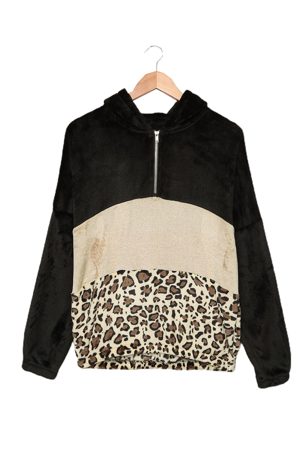 Black Leopard Color Block Pocket Fleece Quarter Zip Hoodie