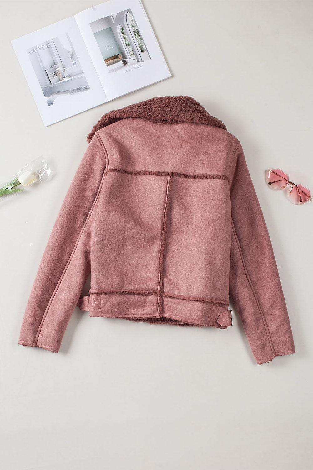 Pink Plush Lining Suede Cropped Double Breasted Coat