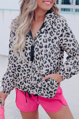 Leopard Zip Up Collared Hooded Windbreaker