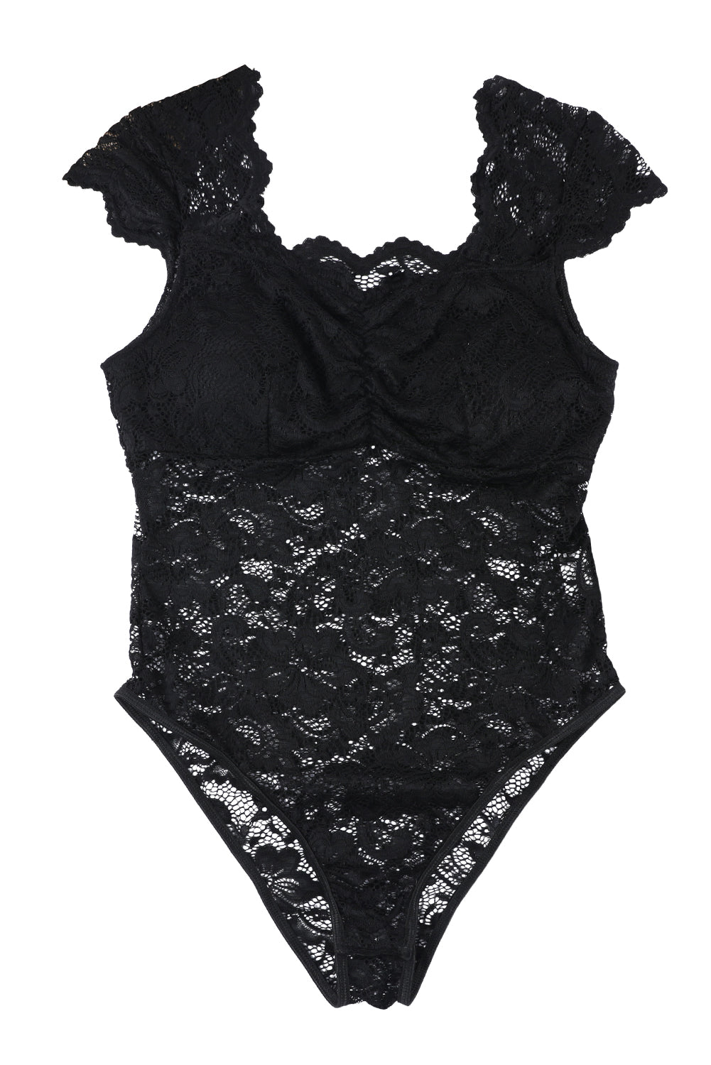 Black Floral Lace Scalloped Square Neck Bodysuit