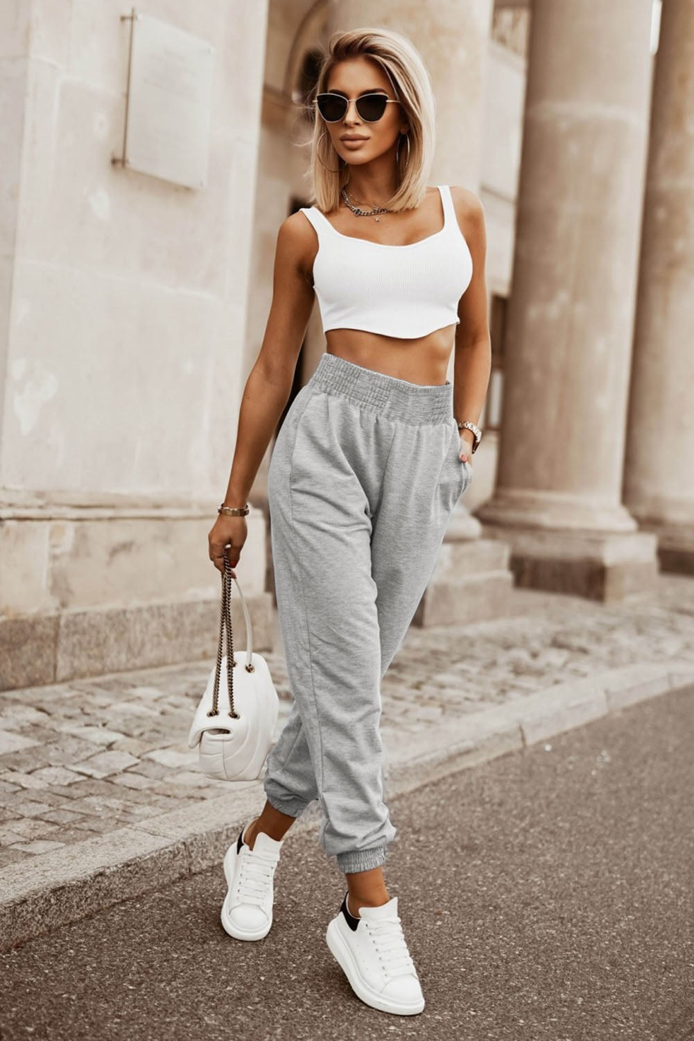 Gray Smocked High Waist Jogger Pants