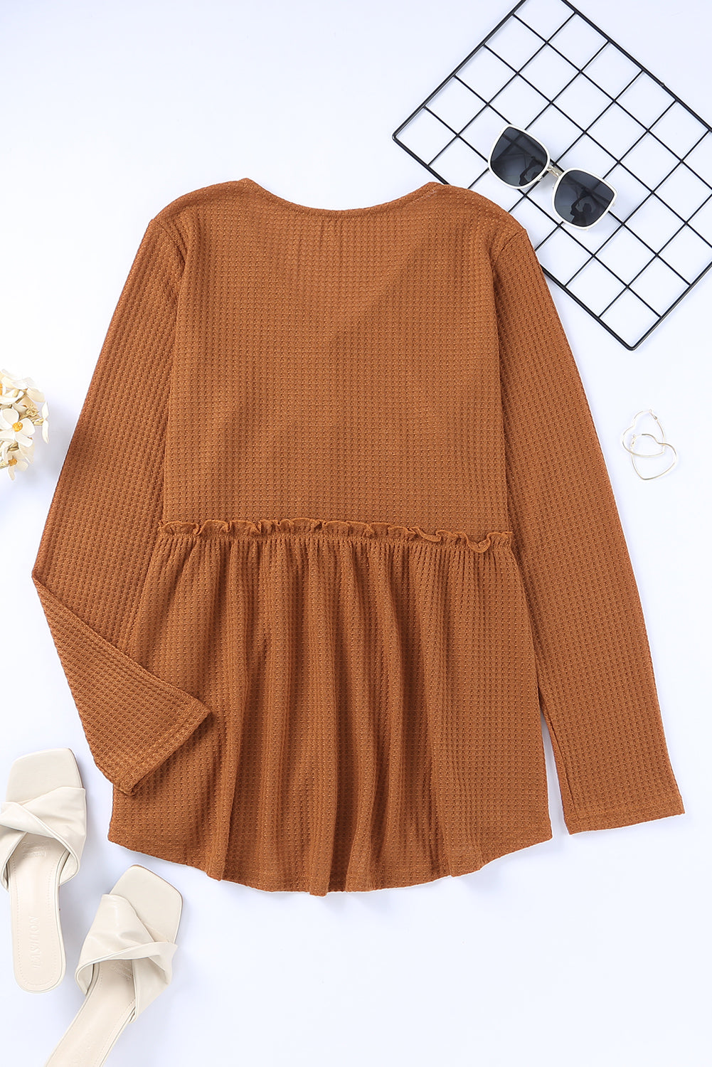 Orange Plus Size Ruffled Waffle Knit Top