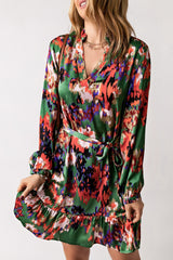 Green Abstract Print Ruffled Drawstring High Waist Mini Dress