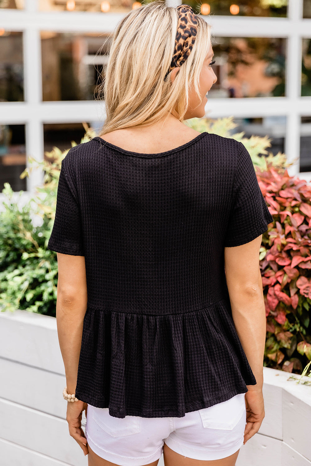 Black Short Sleeve Waffle Knit Peplum Top