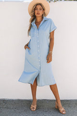 Sky Blue Chambray Shirt Short Sleeves Midi Dress