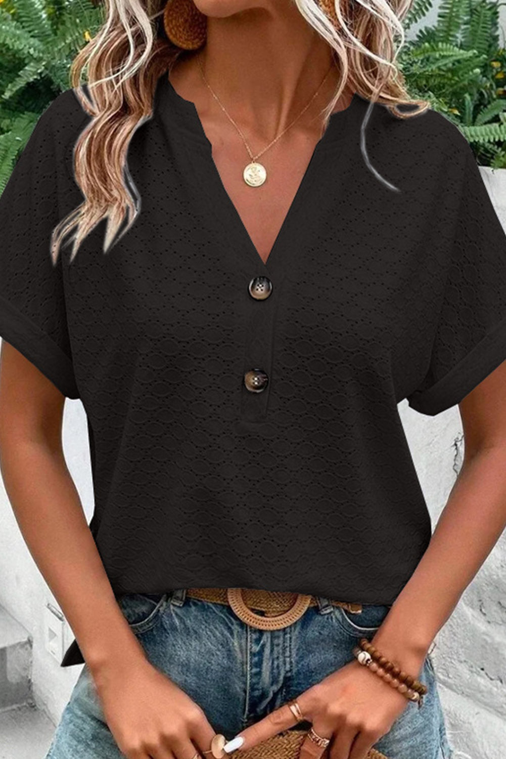 Black Eyelet Button-Accent Notch Neck Top