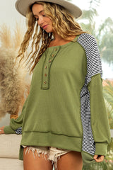 Green Striped Patch Exposed Seam Henley Sweatshirt
