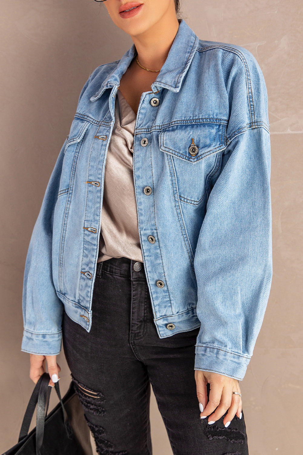 Sky Blue Acid Washed Pockets Buttoned Denim Jacket