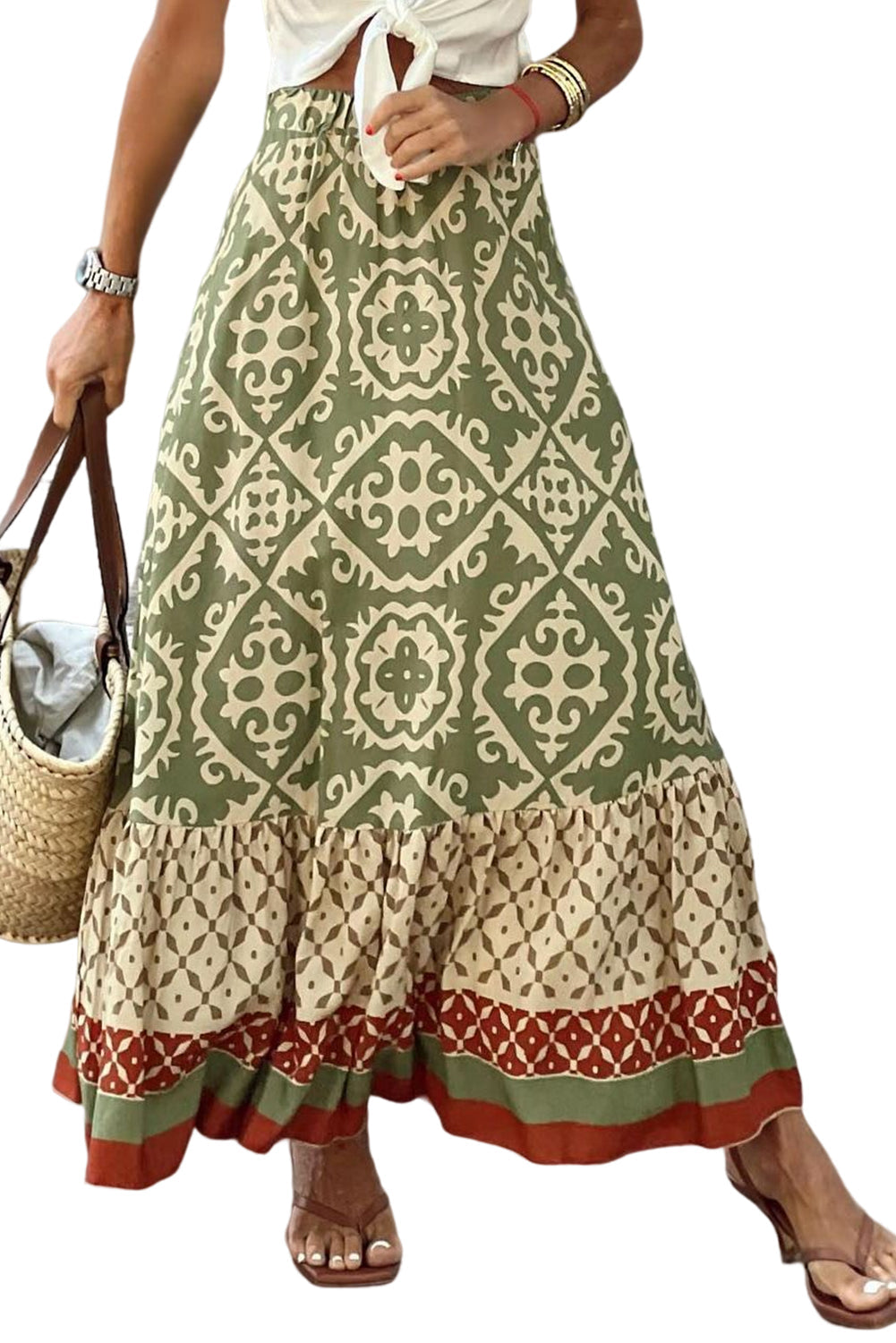 Green Boho Patchwork Pattern A-line Maxi Skirt