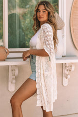 White Crochet Open Front Kimono with Slits