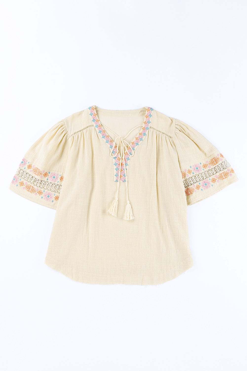 Beige Tassel Drawstring Embroidered Half Sleeve V Neck Top