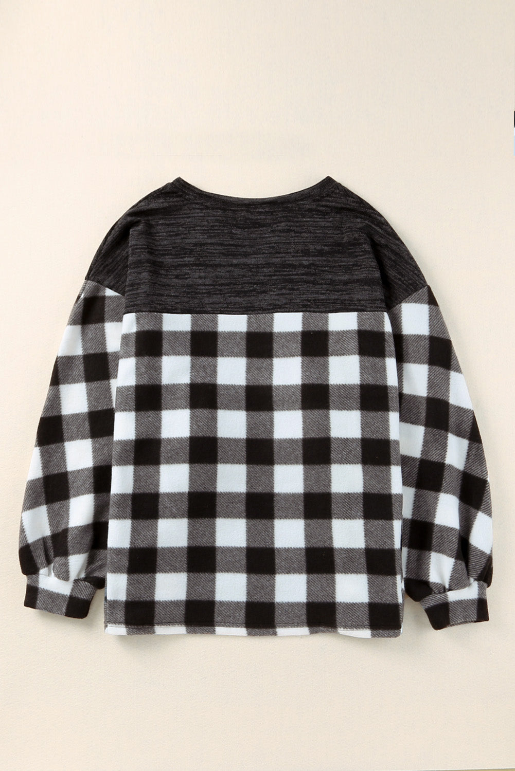 Black Buffalo Plaid Splicing Split Neck Knit Top