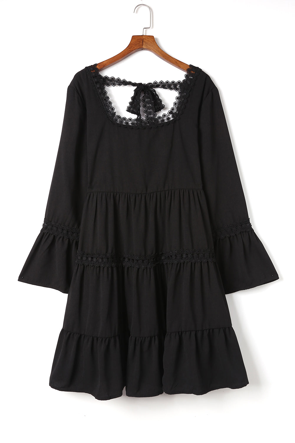 Black Lace Trim Tie Back Plus Size Tiered Swing Dress