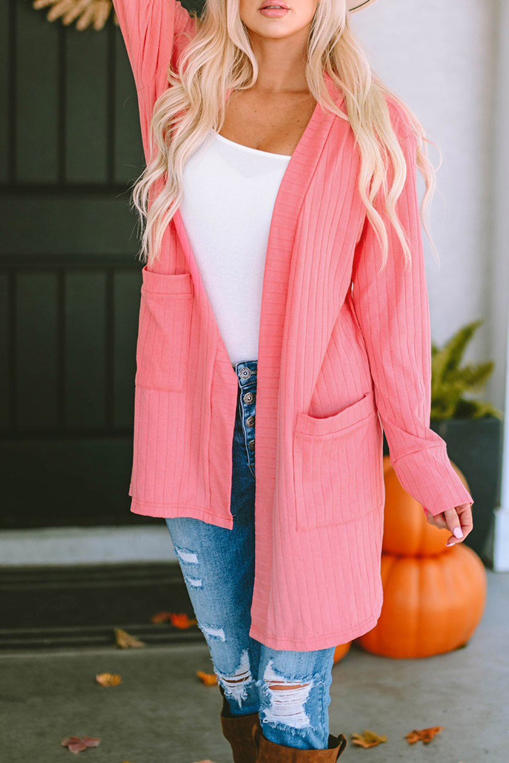 Pink Open Front Pocketed Knit Cardigan