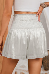 Gray Metallic Sheen Smocked High Waist Shorts