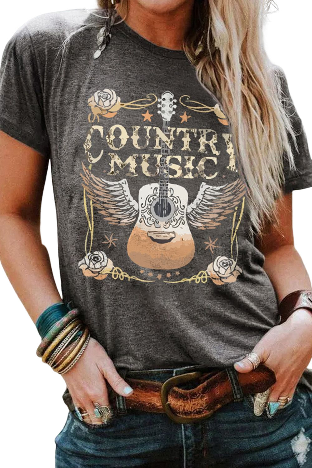 Gray COUNTRY MUSIC Guitar Graphic Print Crew Neck T Shirt