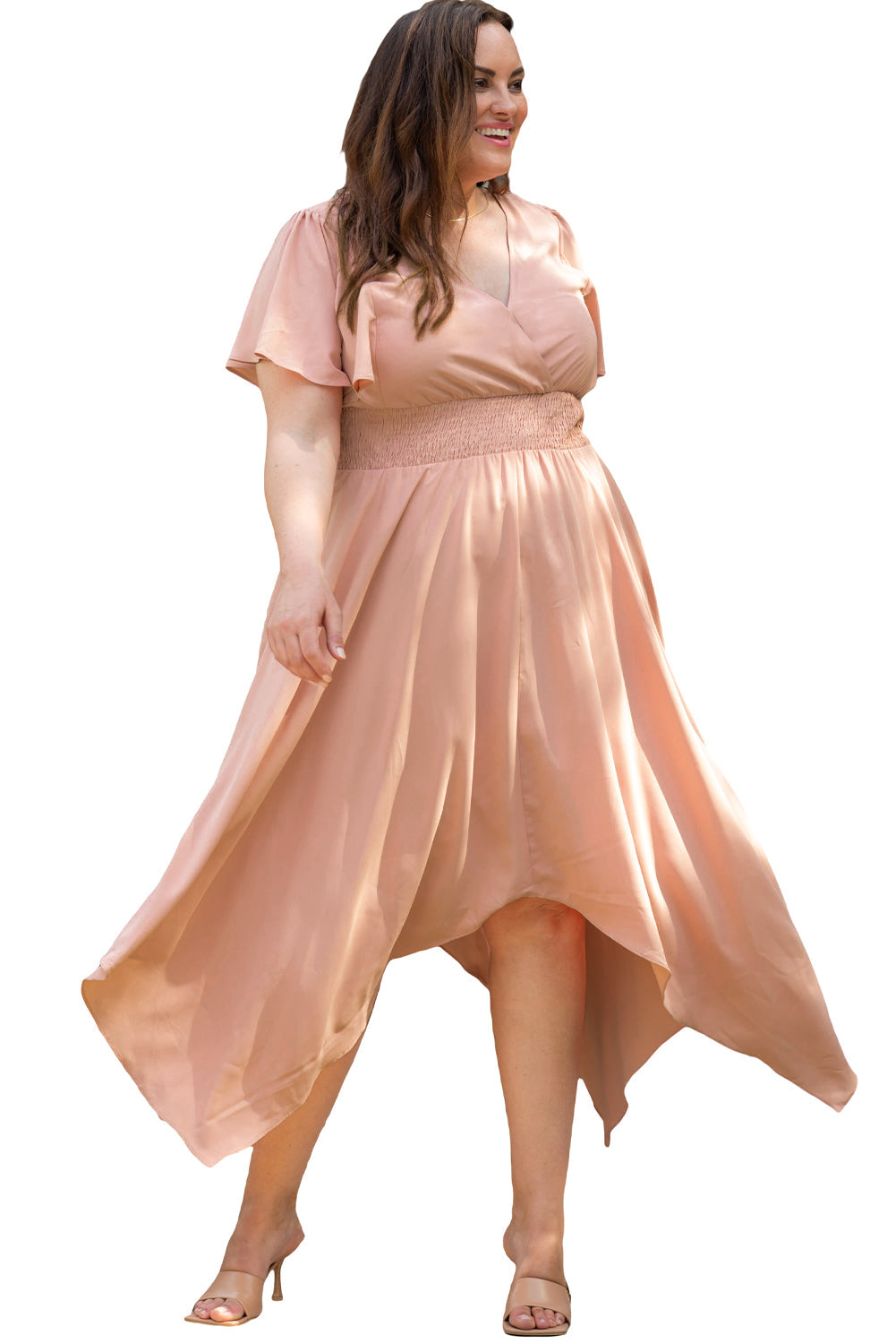 Pink Wrap V Neck Plus Size Handkerchief Dress