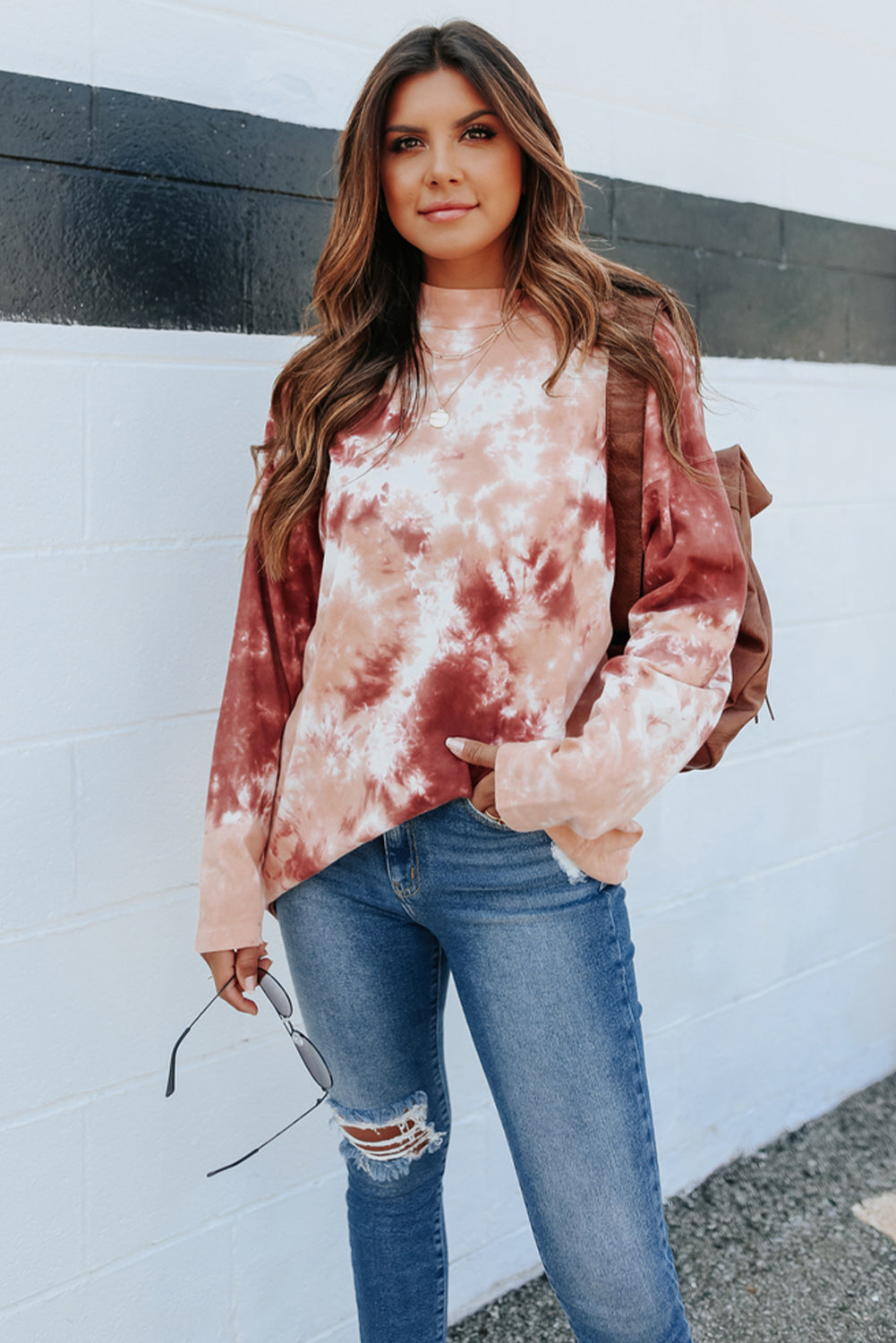 Red Tie Dye Crew Neck Long Sleeve Top