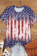 Red American Flag Inspired Bleached Print Short Sleeve Tee