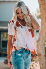 Multicolor Color Block Ruffled Short Sleeve V Neck T-shirt