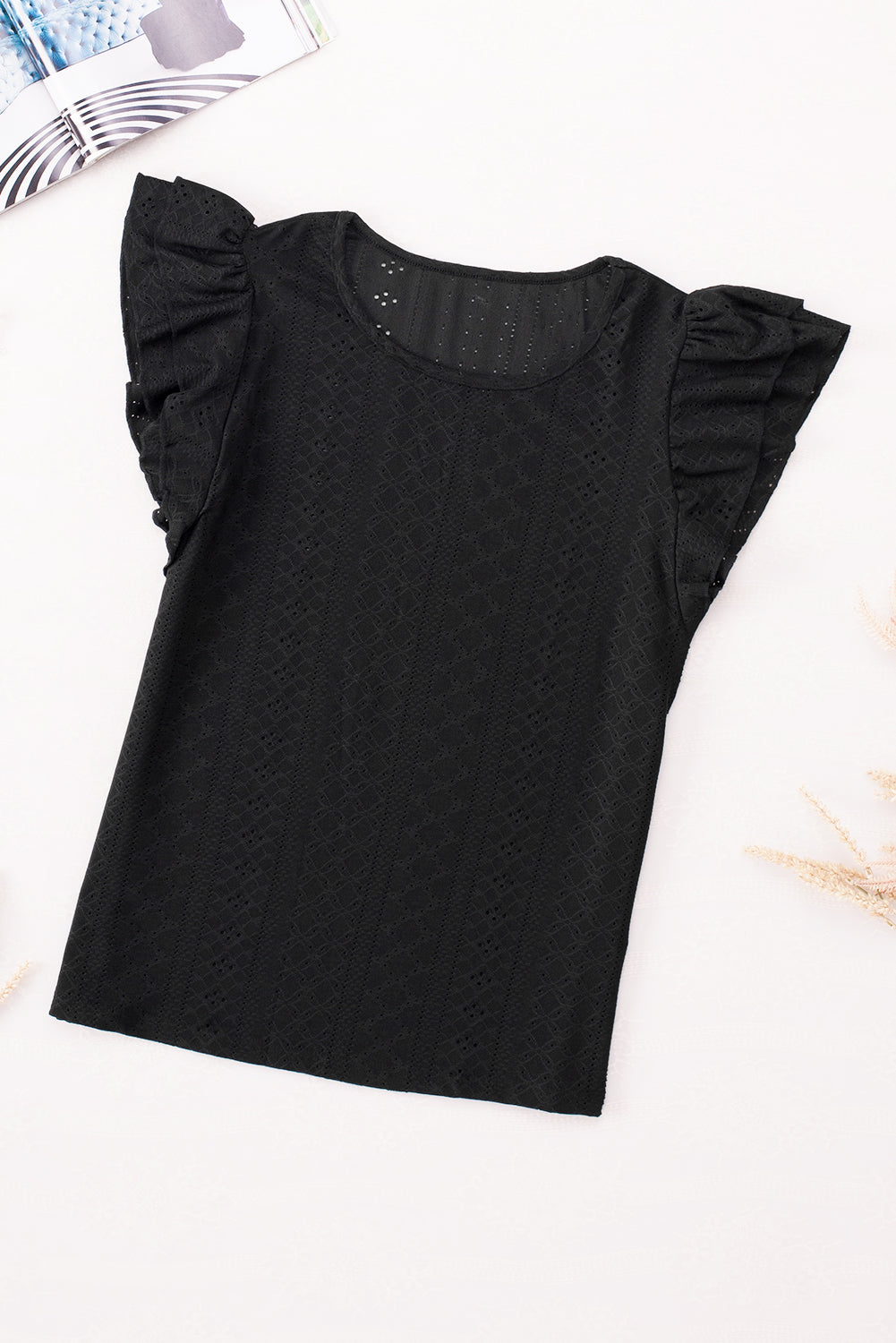 Black Rhombus Textured Ruffle Short Sleeve Blouse