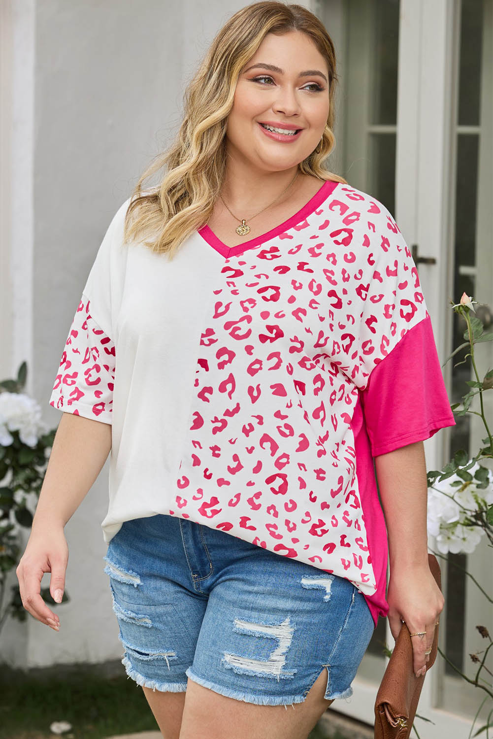 White Plus Size Leopard Patchwork Short Sleeve Top