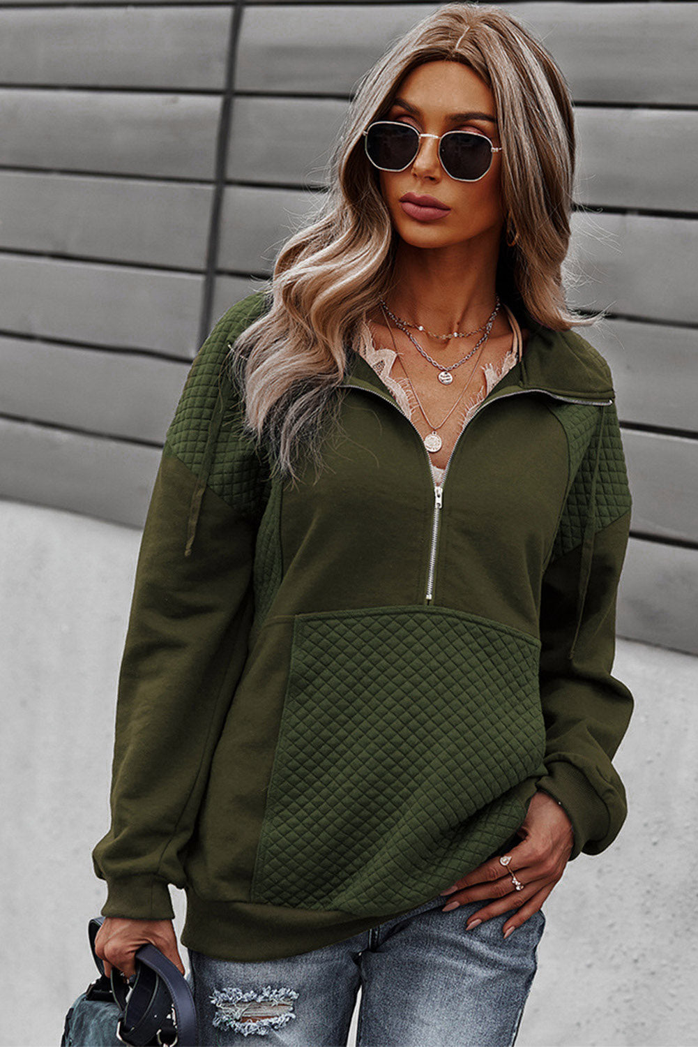Quilted Patch Half Zipper Sweatshirt