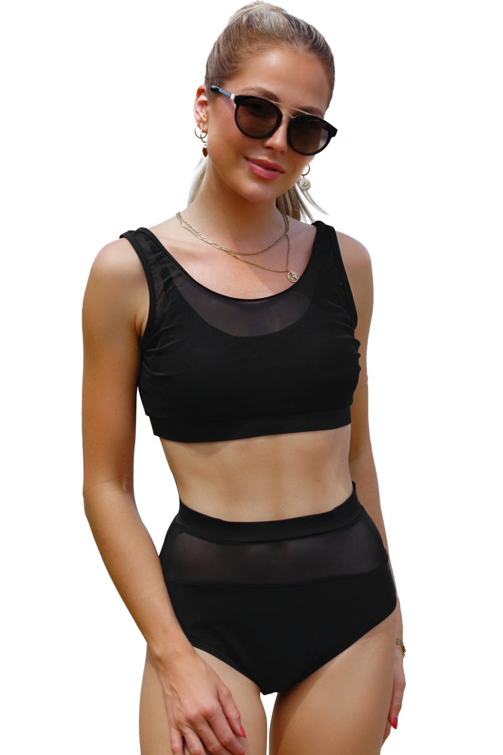 Black Black Mesh Splicing High Waist Bikini Set