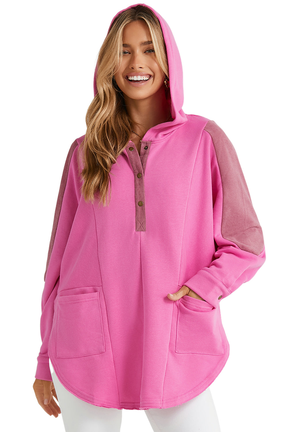 Rose Patchwork Side Pockets Oversized Henley Hoodie