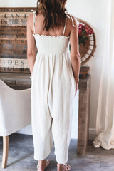 White Smocked Spaghetti Straps High Waist Wide Leg Jumpsuit