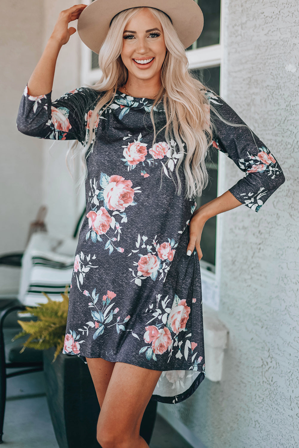 Gray Vintage Floral 3/4 Sleeves T-shirt Dress