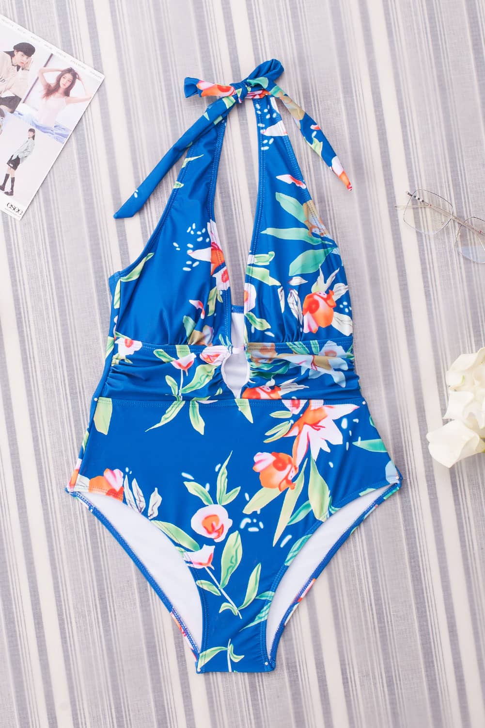 Sky Blue Floral Print Deep V Halter Backless One-piece Swimwear