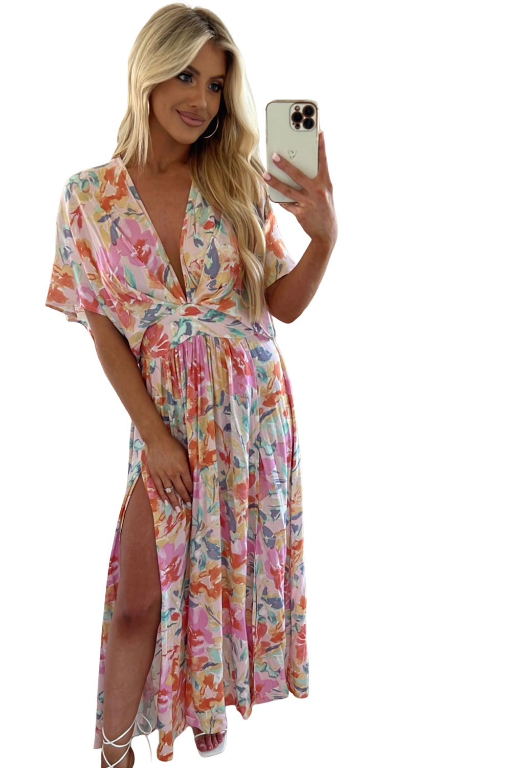 Multicolor Tropical Floral Print Ruched V Neck Maxi Dress