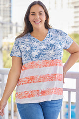 Sky Blue Plus Size Vintage American Flag Print V Neck T Shirt