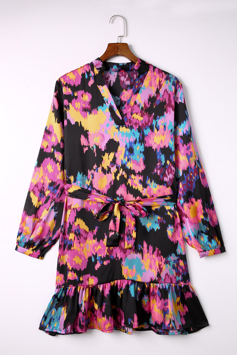 Green Abstract Print Ruffled Drawstring High Waist Mini Dress